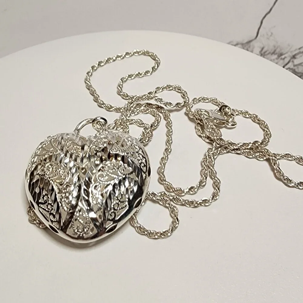 925 Silver Filigree Puffy Heart Pendant with Long Rope Chain